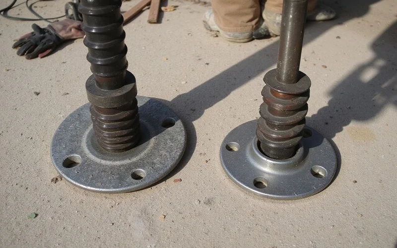 A helical pier shaft and a push pier bracket laid side by side showing their construction