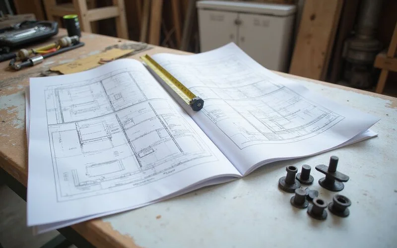 Approved plan set pages spread on a work bench beside anchor hardware samples