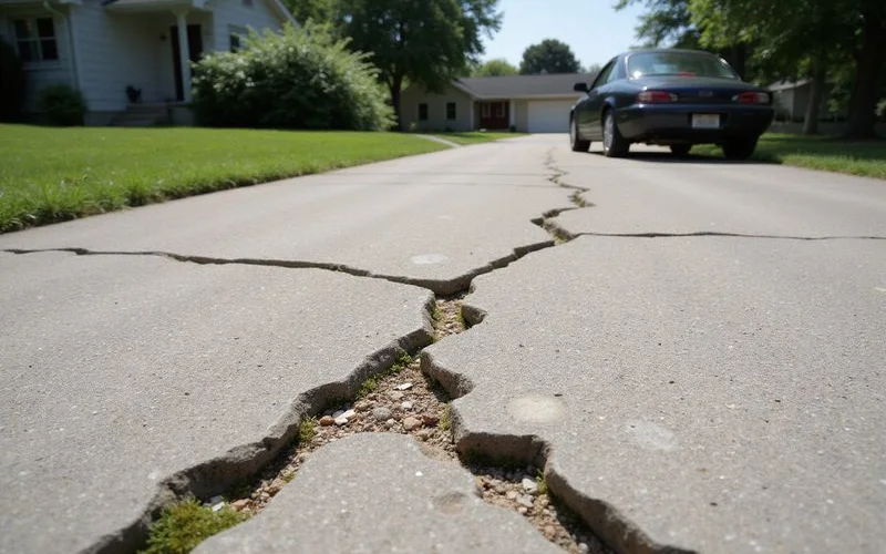 Badly broken concrete slab in multiple pieces with spalled surface