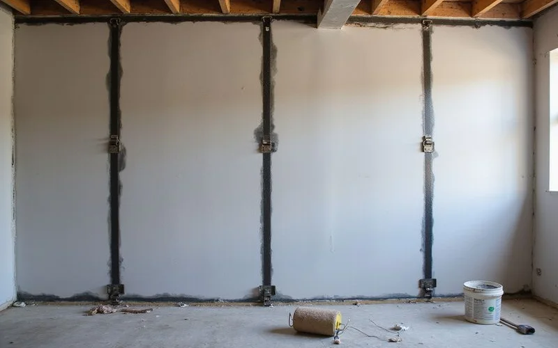 Carbon fiber straps bonded vertically to a basement wall