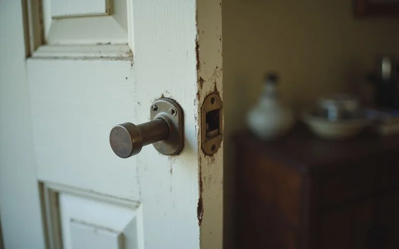 Close-up of a sticking interior door with an uneven gap at the top of the frame
