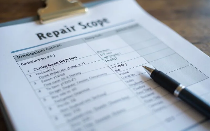 Close-up of an itemised repair scope listing quantities, depths, and an exclusions section