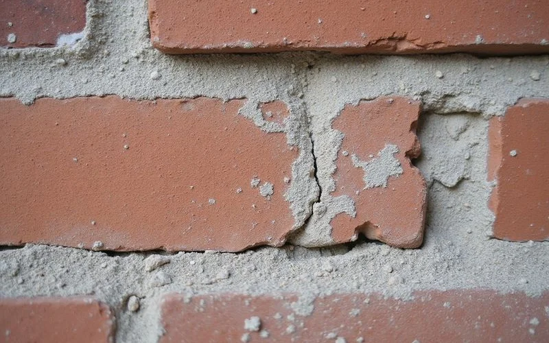 Cracked and crumbling mortar joints in an unreinforced masonry wall, close-up