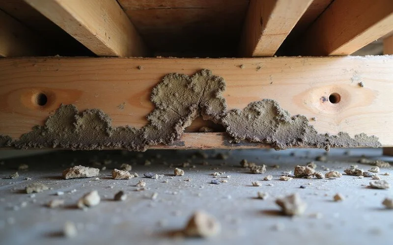 Close-up of fungal decay on a crawl space floor joist