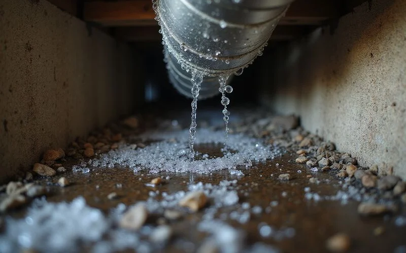 Condensation forming on a cold duct in a humid crawl space