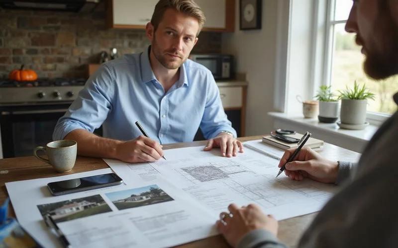 Contractor and homeowner reviewing an evaluation report with elevation readings