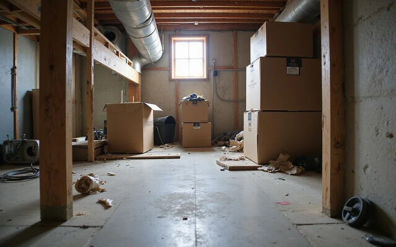 Crawl space perimeter blocked by stored items, ductwork, and plumbing