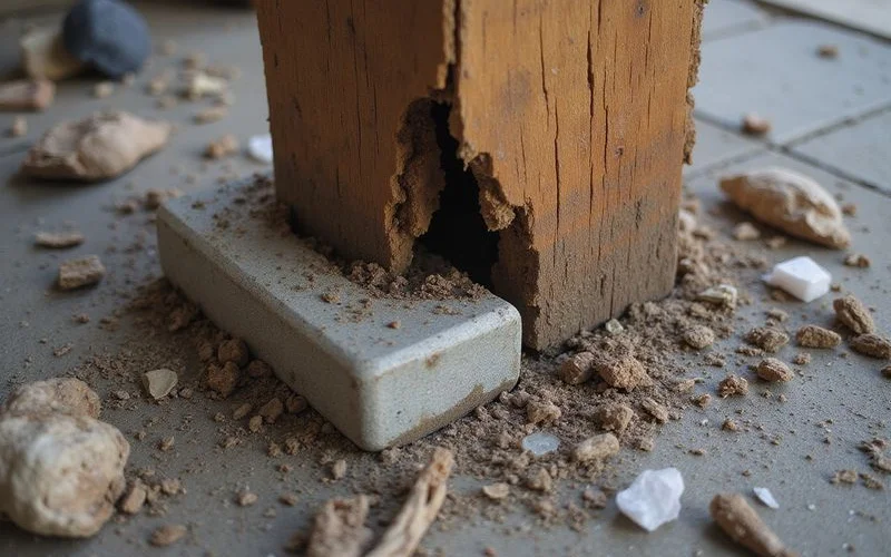 Crumbling wet-rotted post base on a pier block