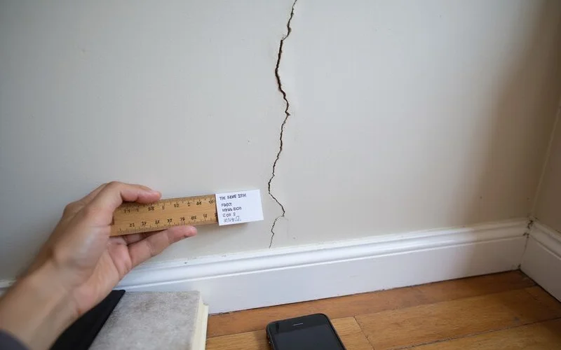 Dated photograph of a wall crack with a ruler held against it for scale