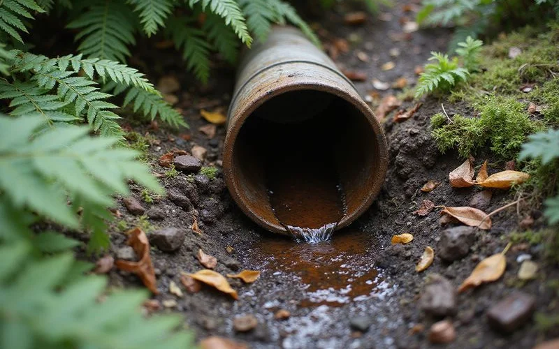 Daylight outlet of a drain line partially blocked by fallen leaves and soil on a lower bank