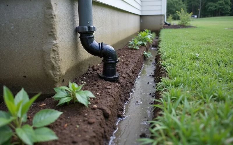 Downspout discharging into a tightline away from the foundation