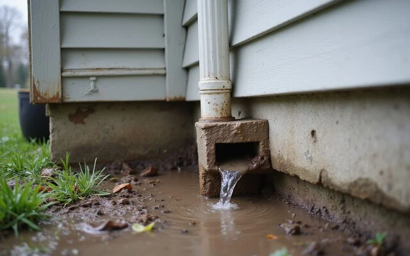 Downspout discharging onto bare soil at the base of a house wall with water pooling against the foundation
