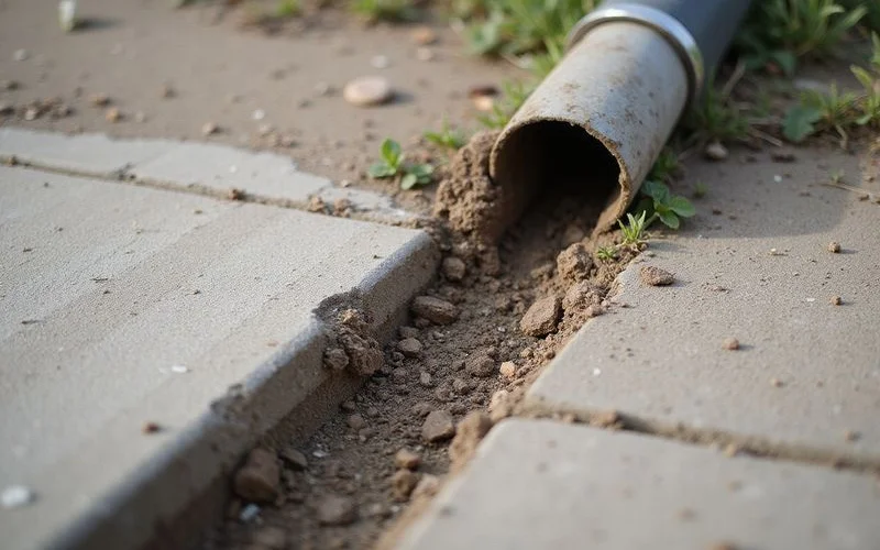 Downspout discharging onto the edge of a concrete driveway with eroded soil
