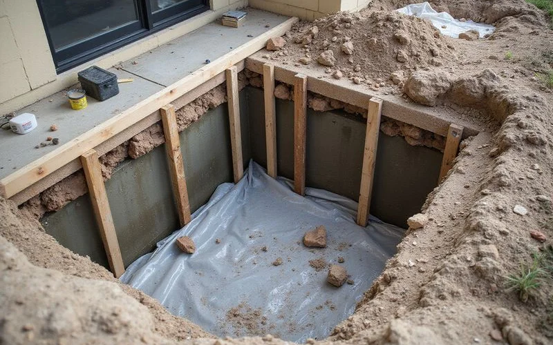Exterior excavation open to full foundation depth beside a house