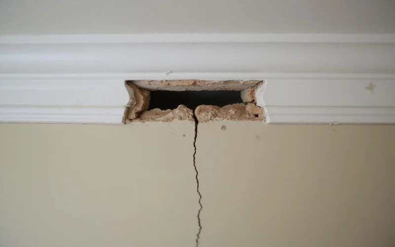 Gap opening where a wall meets the ceiling with trim separating along the joint
