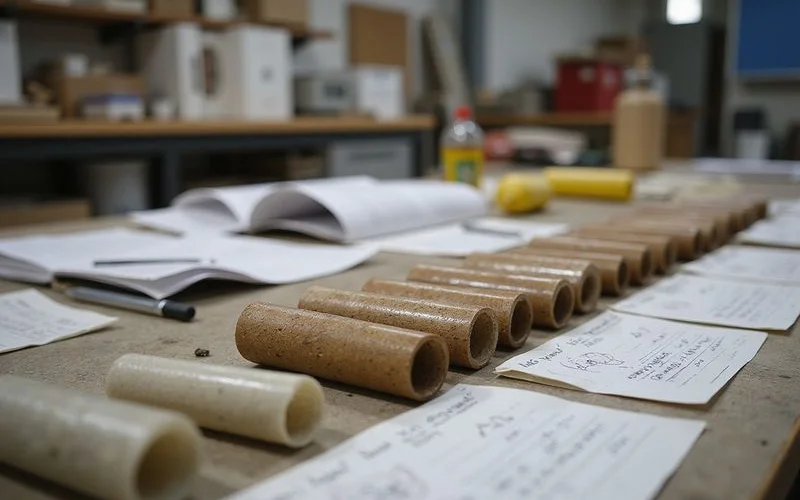 Soil boring sample tubes laid out for geotechnical review