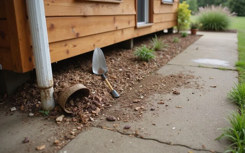 Ground sloping away from a house wall with a clear margin before the planting bed