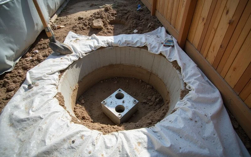 Hand-dug access pit in a narrow side yard exposing a concrete footing with a push pier bracket beneath