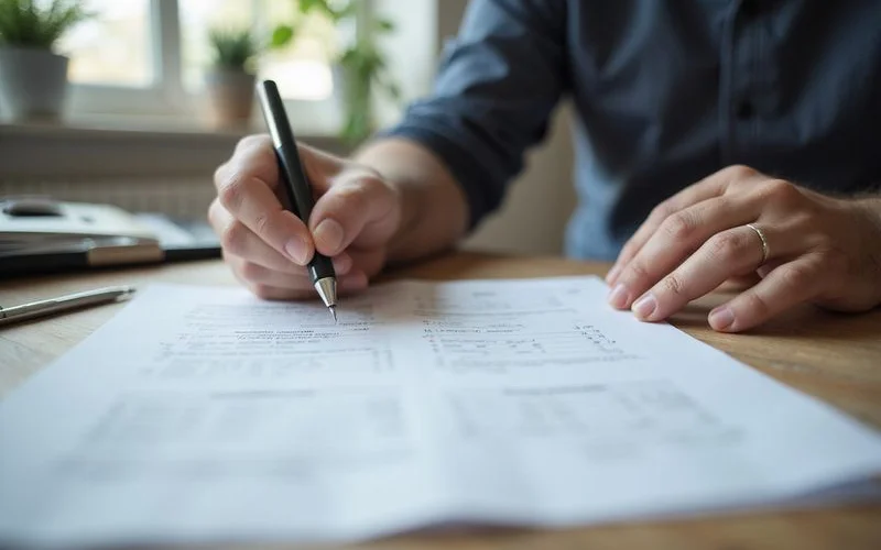Homeowner annotating a proposal, marking questions beside the payment schedule