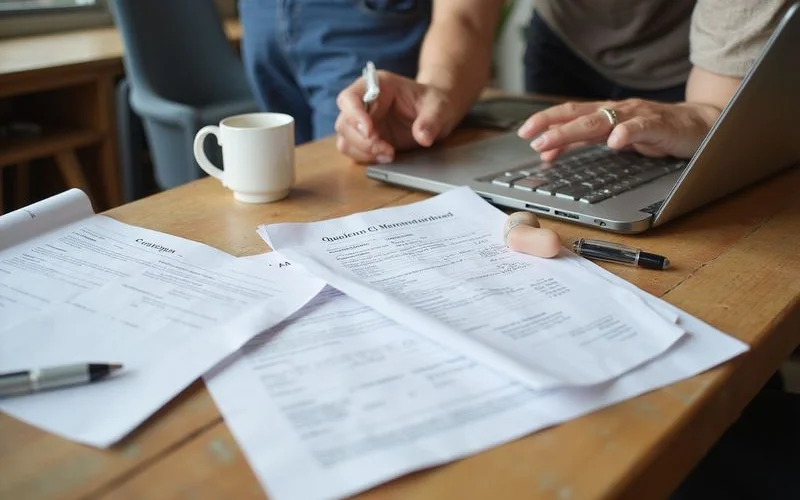 Homeowner reviewing parcel documents and permit paperwork at a kitchen table