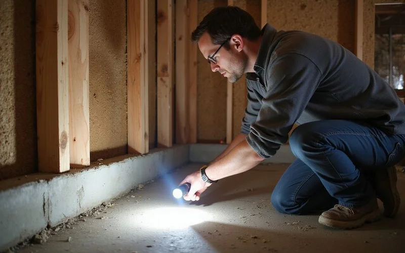 Homeowner with a flashlight checking a sill plate for existing anchor bolts