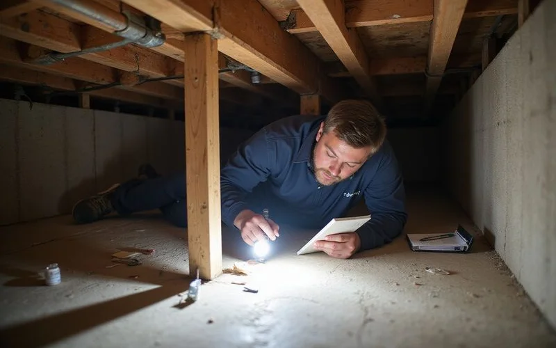 Inspector reviewing retrofit anchors in a crawl space with a flashlight
