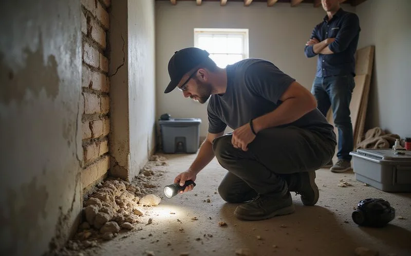 Inspector examining a repaired foundation wall in a basement while a buyer looks on