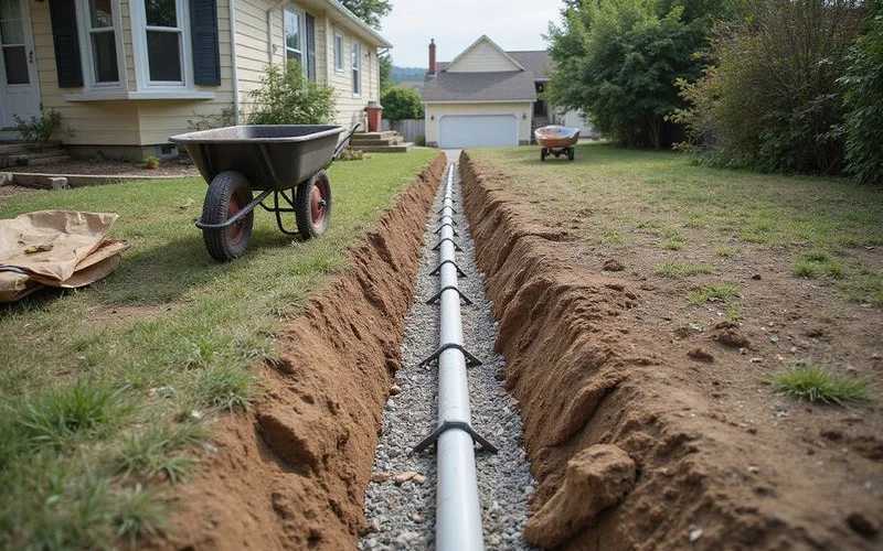 Interceptor drain cutting across a sloped yard uphill of a house