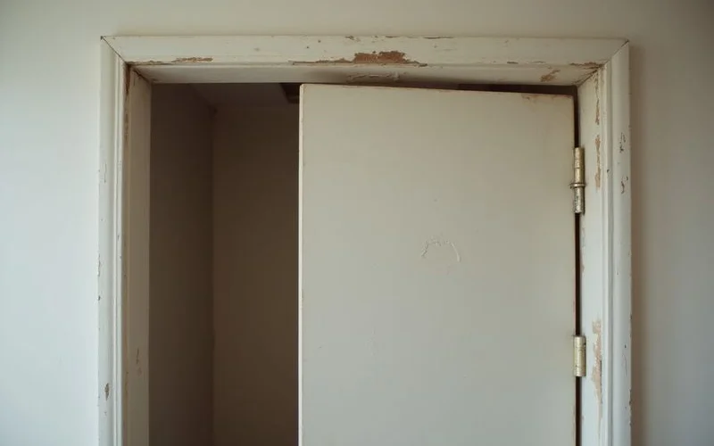 Interior door binding against its frame at the top corner with an uneven gap