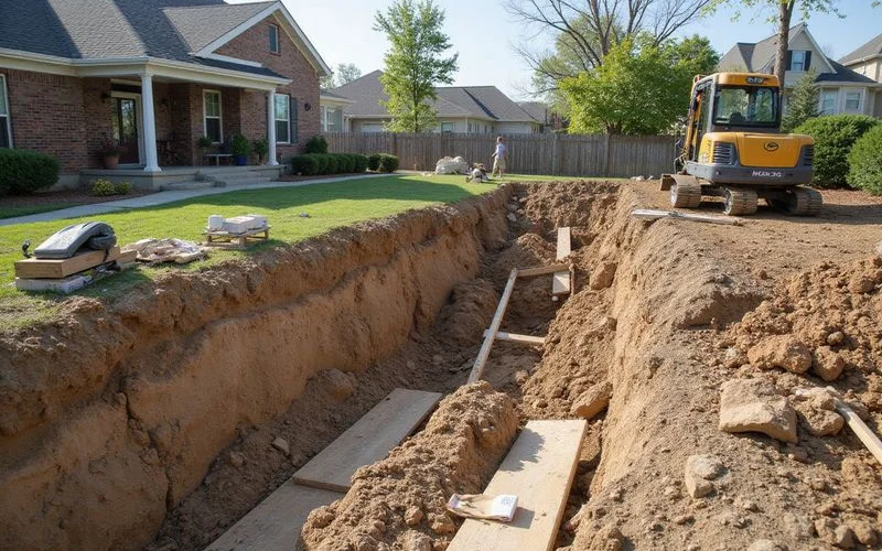 Large open excavation around a house perimeter during extensive foundation work
