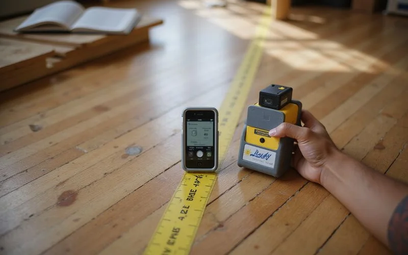 Laser manometer receiver held against a hardwood floor at a marked survey point