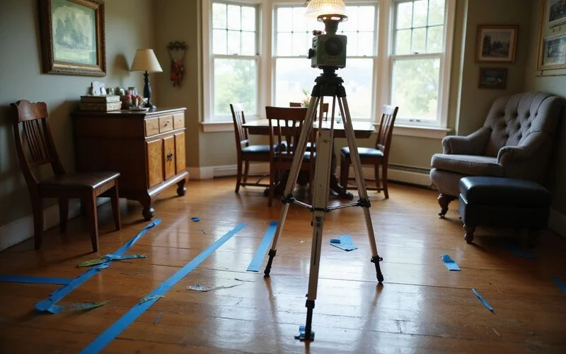 Laser manometer set up in a dining room with marked survey points taped across the hardwood floor