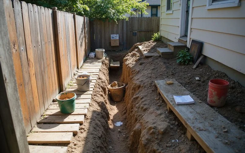 Narrow Seattle side yard where hand excavation is underway with spoil carried out by bucket