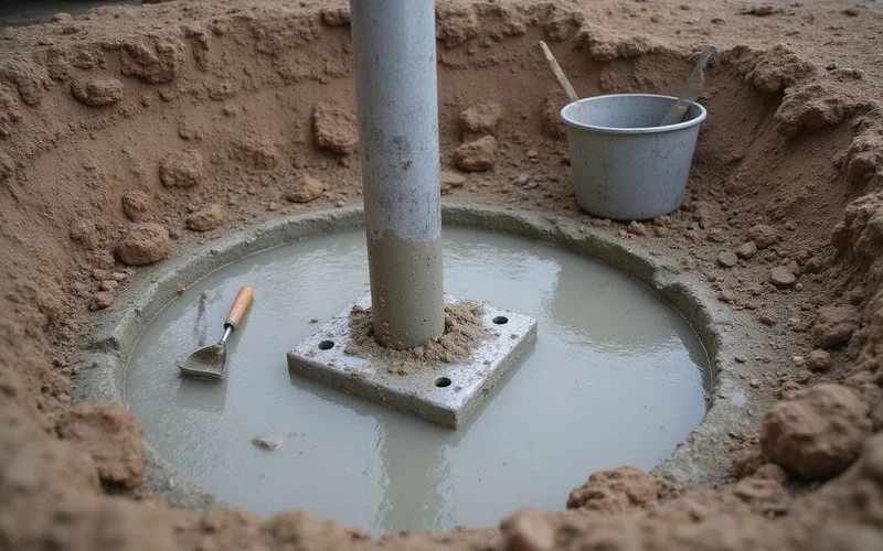 Newly poured reinforced concrete footing pad with a steel post base plate set in position