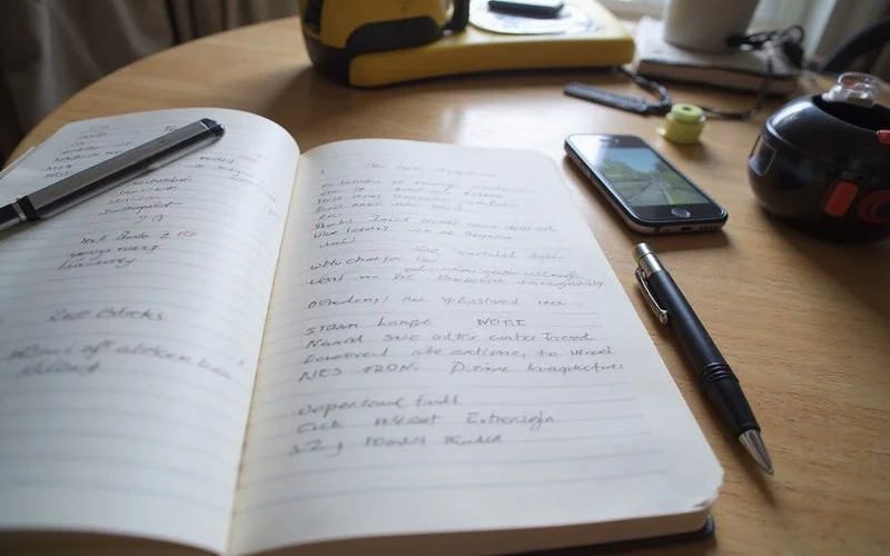 Notebook page of dated crack observations with measurements beside a tape measure