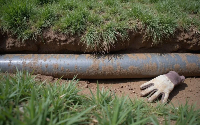 Old silted drain pipe with perforations blocked by fine soil