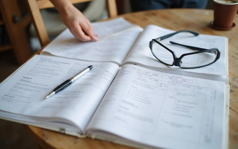 Open folder of foundation repair permits, engineering pages, and invoices organised with tabs