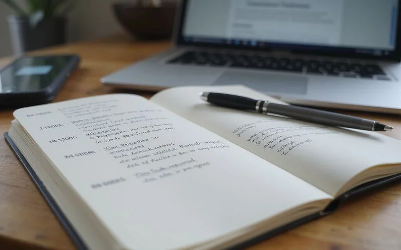 Open notebook listing source references with dates beside a laptop showing a municipal permit page