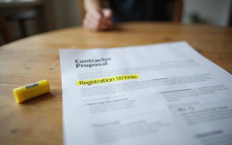 Printed contractor proposal with the registration number highlighted