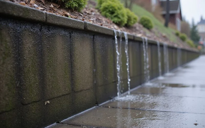 Rain runoff tracking down a residential retaining wall on a steep Seattle hillside lot