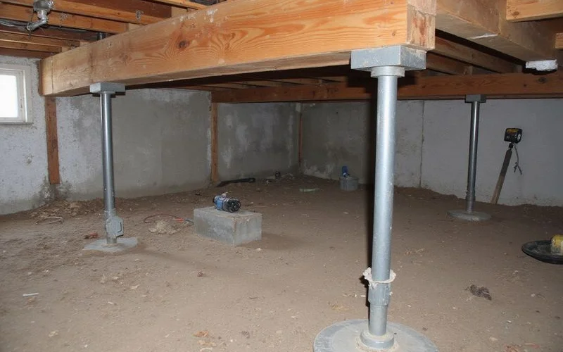 Replacement engineered beam beneath floor joists carried by new adjustable steel posts