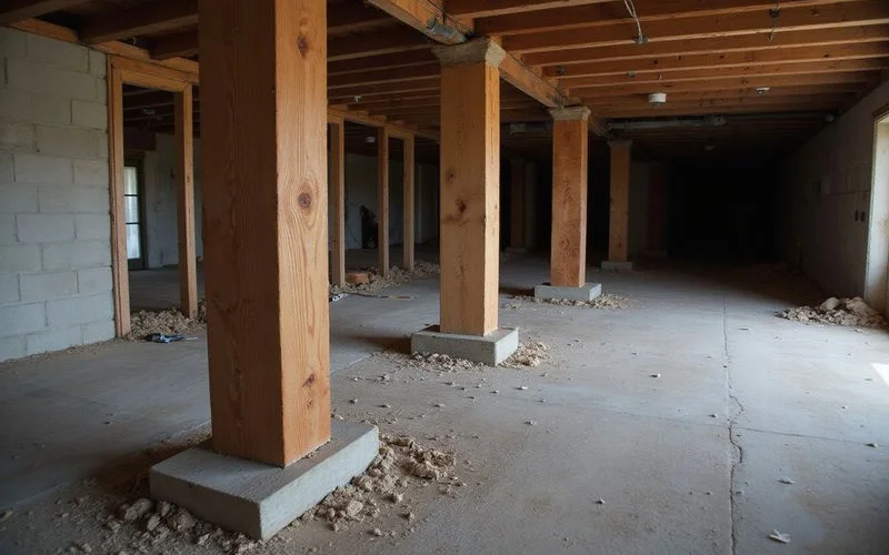 Row of wood posts on pier blocks under floor joists in an older crawl space