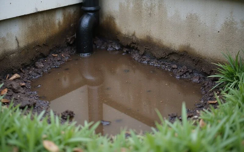 Saturated soil and pooled water against a basement wall exterior during heavy rain