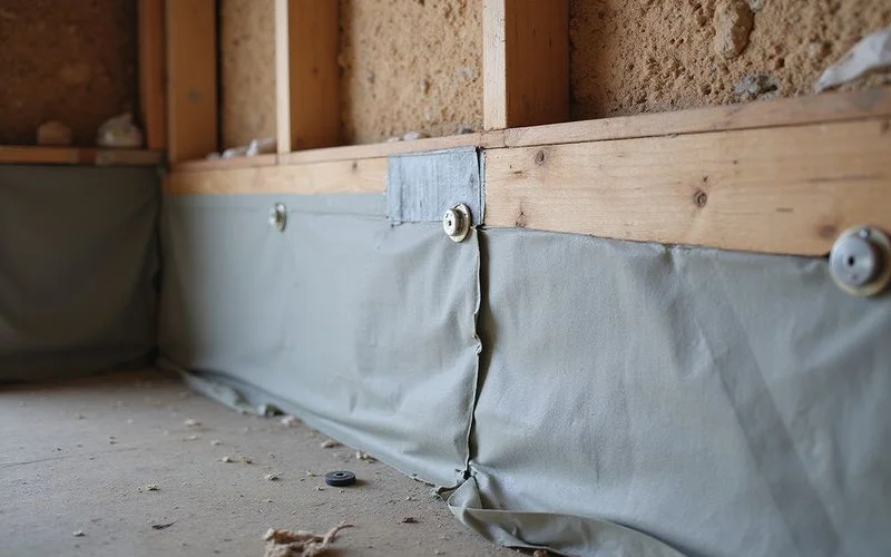 Sealed encapsulation seams running up a crawl space foundation wall