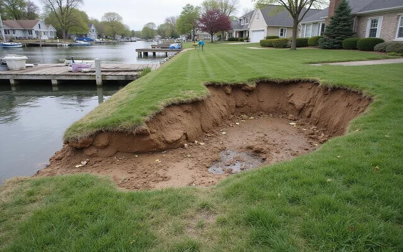 Settled lawn and sunken depression behind a waterfront bulkhead where backfill has washed out