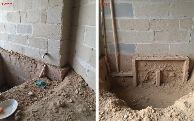Comparison of a reinforced basement wall and an underpinned footing showing two repair approaches