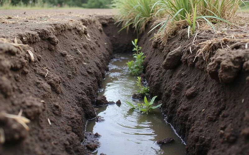 Soft organic peat soil exposed near an Eastside wetland edge