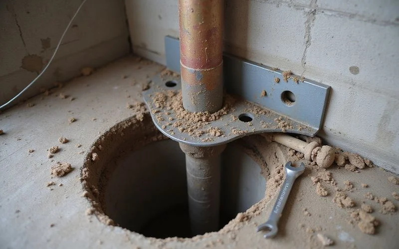 Steel bracket assembly bolted beneath a concrete footing with the pier shaft extending below
