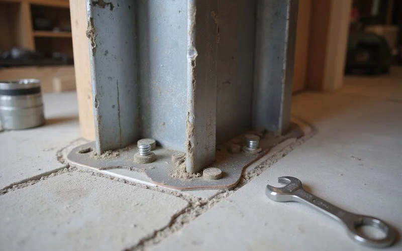 Steel I-beam brace anchored at the basement slab with base plate and fasteners visible