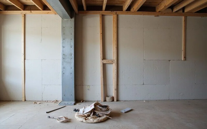 Steel I-beam brace installed against a basement wall